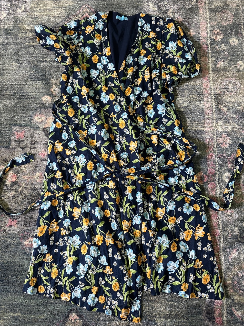 Draper James 100% Linen Navy Floral Wrap Maxi Dress with Orange and Blue Blooms